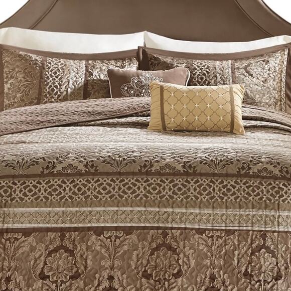 Madison Park Bellagio Jacquard Quilted 5 Pc Bedspread Set Brown Queen - Picture 1 of 5